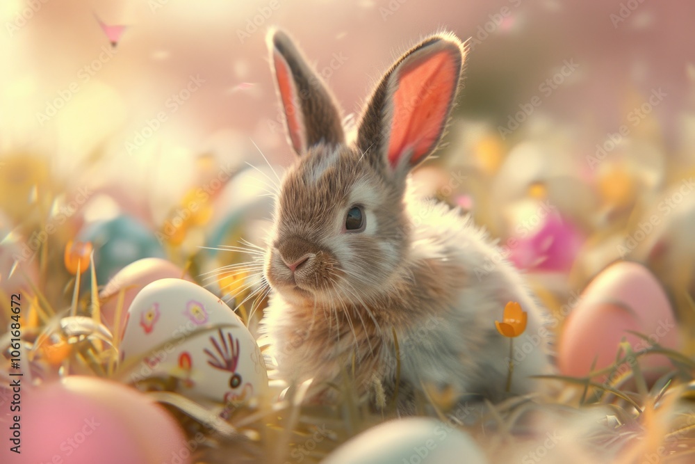 A happy rabbit sitting amidst colorful Easter eggs, perfect for spring or holiday-themed designs A happy rabbit sitting amidst colorful Easter eggs, perfect for spring or holiday-themed designs