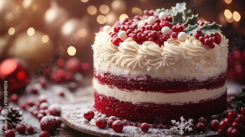 A delicious red velvet cake decorated with white frosting, red berries, and holly leaves, set against a festive backdrop of twinkling lights and Christmas ornaments.