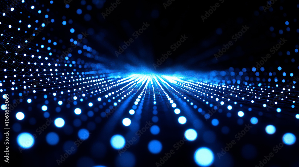 Digital background with dynamic blue lights. Perspective data stream with glowing particle trails and radial burst effect. Technology grid texture. Quantum network concept