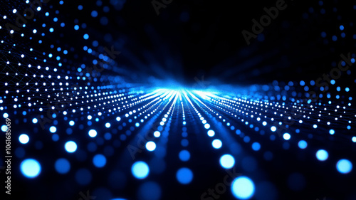 Digital background with dynamic blue lights. Perspective data stream with glowing particle trails and radial burst effect. Technology grid texture. Quantum network concept photo