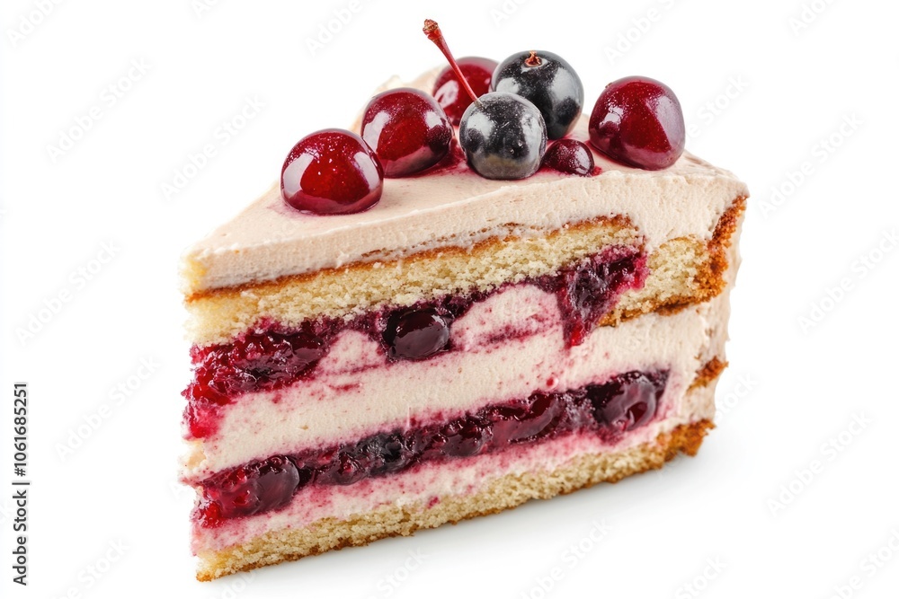 A delicious-looking slice of cake topped with fresh cherries A delicious-looking slice of cake topped with fresh cherries