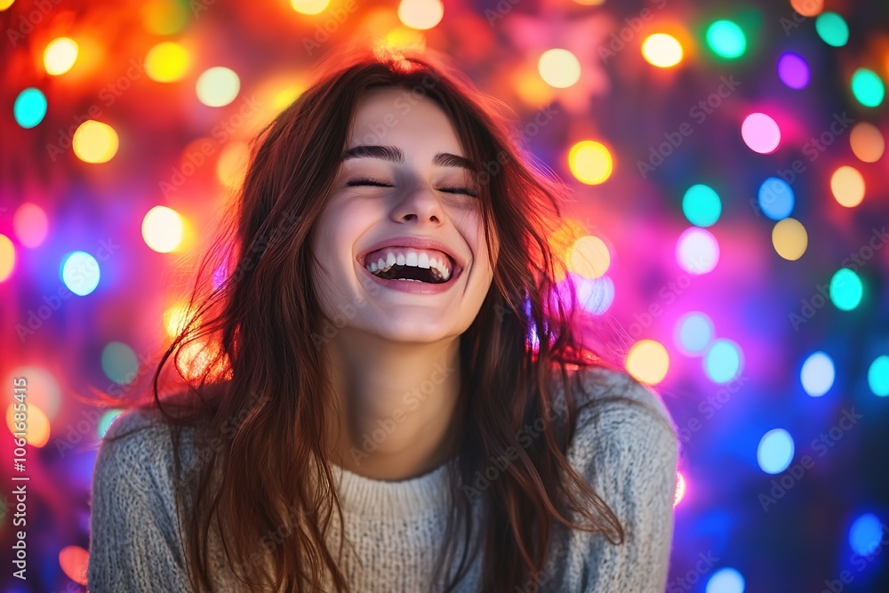 Joyful woman laughing with colorful bokeh lights in background Joyful woman laughing with colorful bokeh lights in background