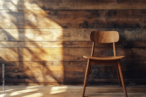 A single wooden chair is situated in front of a wooden wall, providing a simple and rustic setting photo