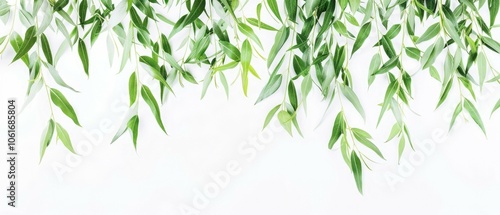 Lush greenery leaves hanging against bright background wallpaper, banner