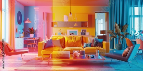 An interior designer arranging furniture, with an AI muse projecting different room layouts and color schemes. AIG60 photo