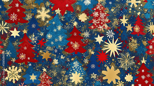 Holiday Pattern with Retro Christmas Tree and Star Motifs (christmas-tree)