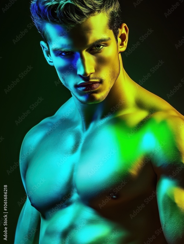 Neon Glow: A muscular man, bathed in vibrant neon lights, exudes confidence and power. His piercing gaze and toned physique create a captivating image. Neon Glow: A muscular man, bathed in vibrant neon lights, exudes confidence and power. His piercing gaze and toned physique create a captivating image.
