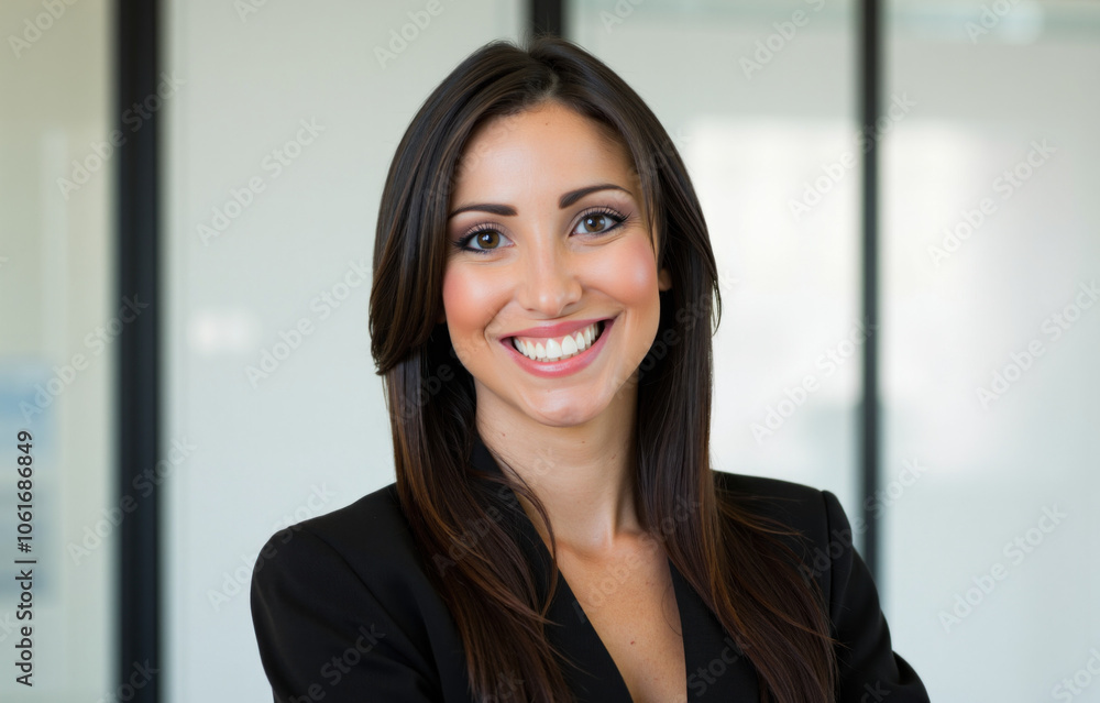 Smiling businesswoman posing in modern office setting Smiling businesswoman posing in modern office setting