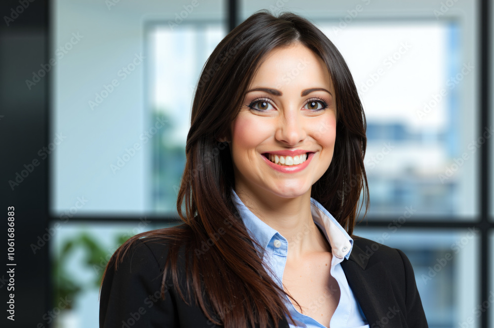 Smiling businesswoman portrait in modern office setting Smiling businesswoman portrait in modern office setting