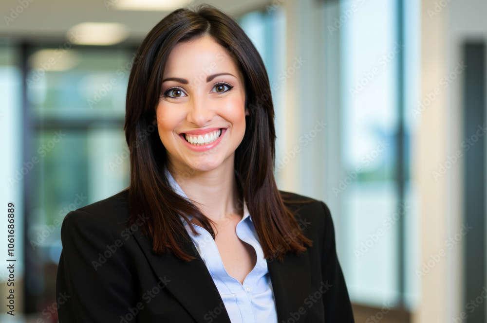 Smiling businesswoman standing in modern office building Smiling businesswoman standing in modern office building