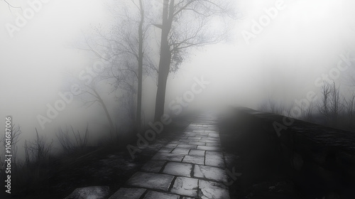 An eerie pathway lost in the fog, beckoning the curious to explore. photo