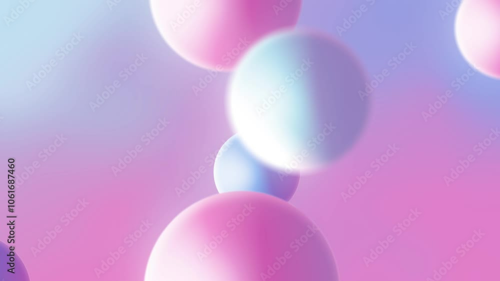 Five pastel spheres float against a pink and blue gradient background. Five pastel spheres float against a pink and blue gradient background.