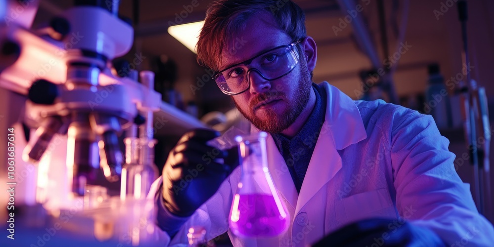 A medical lab researcher holds a glowing purple solution in a flask, surrounded by modern instruments. A medical lab researcher holds a glowing purple solution in a flask, surrounded by modern instruments.