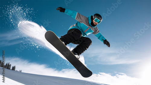 A snowboarder in a blue and gray jacket with black pants and gloves performs an impressive jump, creating a spray of snow as they soar against a vivid blue sky. Winter sports.