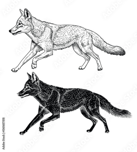 Black and white vector illustration coyote run