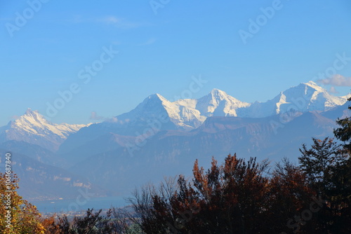 Eiger, Mönch and Jungfrau, lake Thun in the foreground