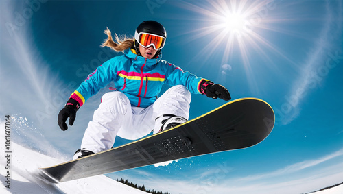 A female snowboarder in vibrant winter gear, executes a high jump on a snowy slope against a clear blue sky with the sun shining. Excitement of winter sports.