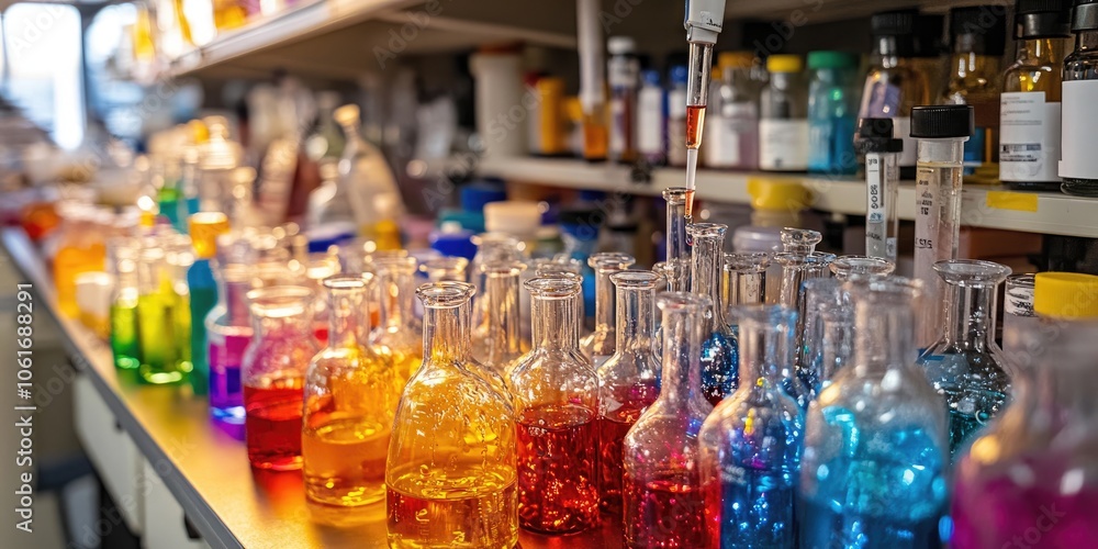 A lab bench filled with glassware and colorful reagents, with a close-up of a dropper in use. A lab bench filled with glassware and colorful reagents, with a close-up of a dropper in use.