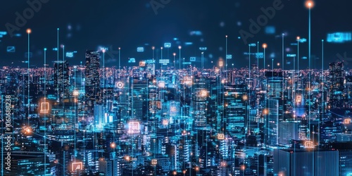 Wallpaper Mural A futuristic business network is defined by glowing lines linking devices and icons across a modern city skyline, emphasizing innovative digital strategies. Torontodigital.ca