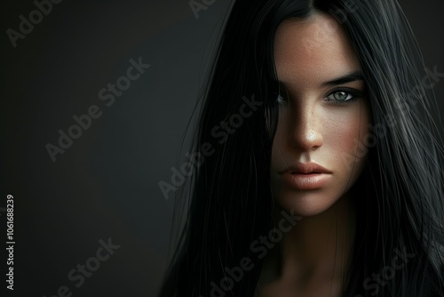 Beautiful young woman with long black hair posing on dark background. Neural network ai generated art