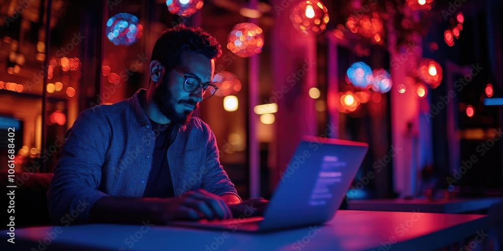 Obraz premium A tech entrepreneur coding on a laptop in a high-tech startup space, surrounded by cutting-edge technology and innovation.