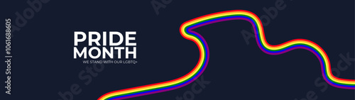 Celebrating pride month - long rainbow pride flag roll made to heart shape on black background. Lesbian Gay Bisexual Transgender. Celebrated annual. LGBT flag. Vector illustration