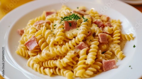 Closeup of a delicious pasta plate with ham and melted cheese