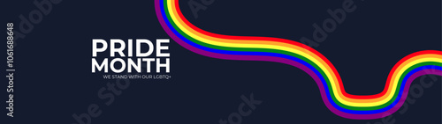 Celebrating pride month - long rainbow pride flag roll made to heart shape on black background. Lesbian Gay Bisexual Transgender. Celebrated annual. LGBT flag. Vector illustration