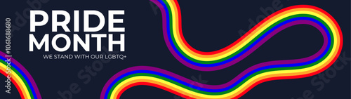 Celebrating pride month - long rainbow pride flag roll made to heart shape on black background. Lesbian Gay Bisexual Transgender. Celebrated annual. LGBT flag. Vector illustration
