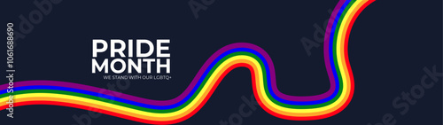 Celebrating pride month - long rainbow pride flag roll made to heart shape on black background. Lesbian Gay Bisexual Transgender. Celebrated annual. LGBT flag. Vector illustration