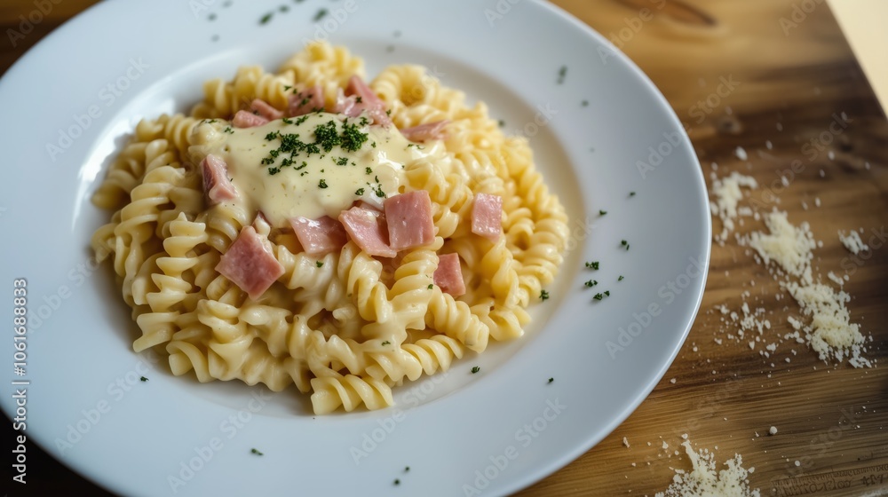 A plate of pasta with ham and melted cheese on a wooden table A plate of pasta with ham and melted cheese on a wooden table