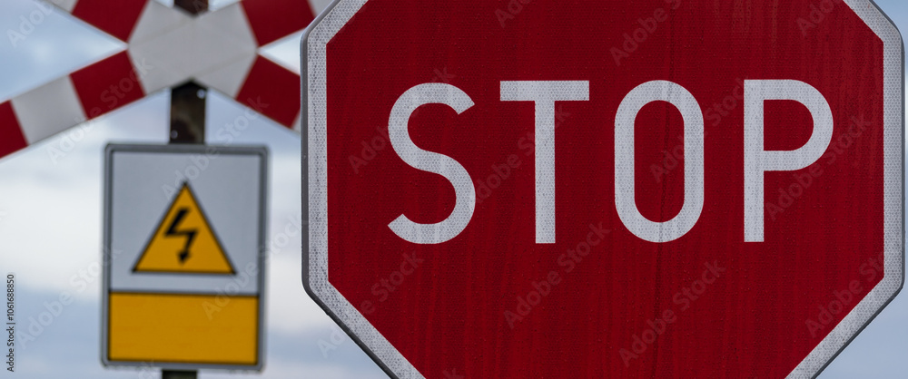 SIGN STOP - A red mark on a railway crossing
SIGN STOP - A red mark on a railway crossing