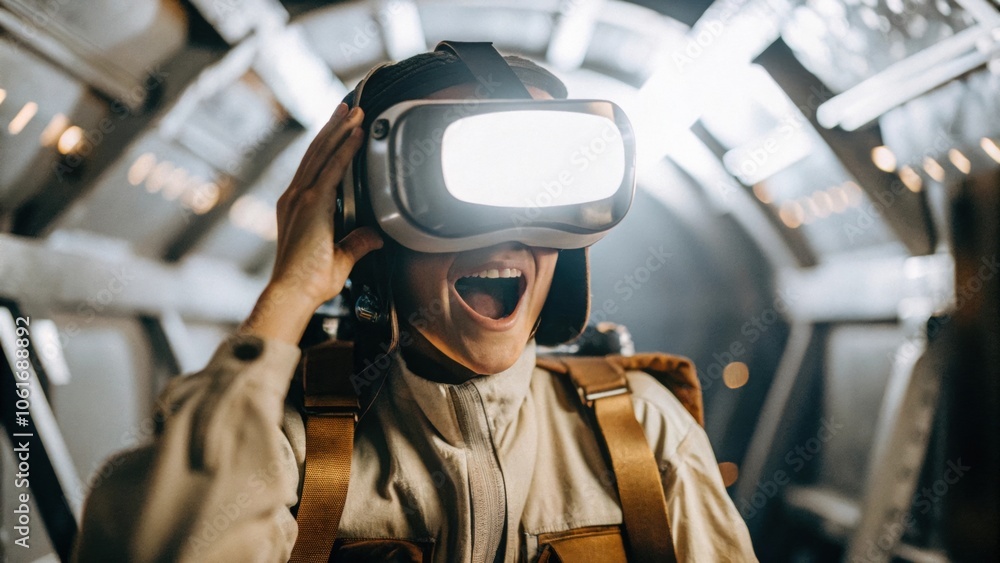 Person Wearing VR Headset in Sci-Fi Simulation Person Wearing VR Headset in Sci-Fi Simulation