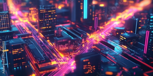 A vibrant digital skyline features glowing pathways connecting smart buildings and devices, representing the future of urban connectivity and IoT integration.