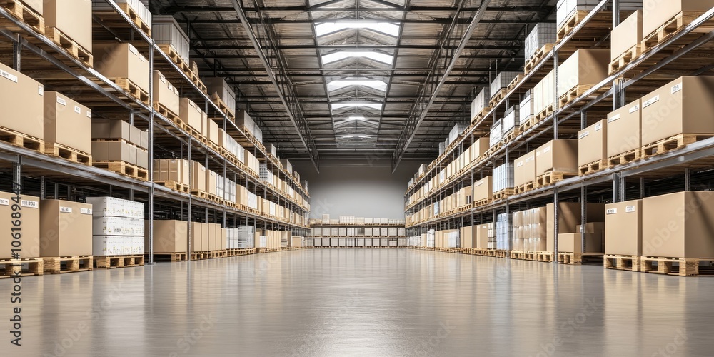 Spacious warehouse showcasing organized rows of products, barcode scanners, and an efficient layout for quick access. Spacious warehouse showcasing organized rows of products, barcode scanners, and an efficient layout for quick access.