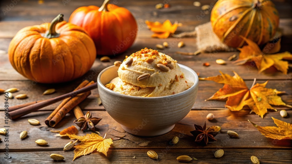 A bowl of pumpkin-flavored ice cream topped with pumpkin seeds and cinnamon sticks, nestled among fall foliage and pumpkins on a rustic wooden surface. A bowl of pumpkin-flavored ice cream topped with pumpkin seeds and cinnamon sticks, nestled among fall foliage and pumpkins on a rustic wooden surface.