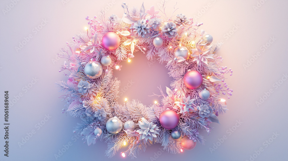 A Christmas wreath decorated with pastel ornaments and lights, placed on one side against a solid pastel background. A Christmas wreath decorated with pastel ornaments and lights, placed on one side against a solid pastel background.