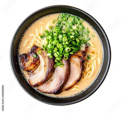 Wallpaper Mural Top view of a bowl of tonkotsu ramen with chashu pork and green onions, isolated on a white background Torontodigital.ca