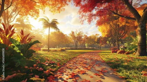 A serene autumn landscape with a field blanketed in colorful fallen leaves, surrounded by lush trees in shades of orange, yellow, and green. Sunlight filters through, casting a warm, golden glow over  photo