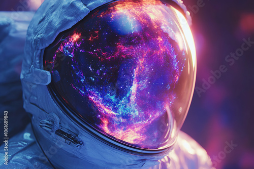 Astronaut's Helmet Reflecting a Cosmic Nebula
