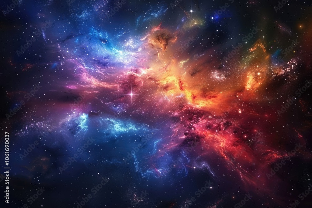 A vibrant cosmic nebula with swirling clouds of gas and dust, illuminating the dark expanse of space with shades of blue, red, and orange. A vibrant cosmic nebula with swirling clouds of gas and dust, illuminating the dark expanse of space with shades of blue, red, and orange.
