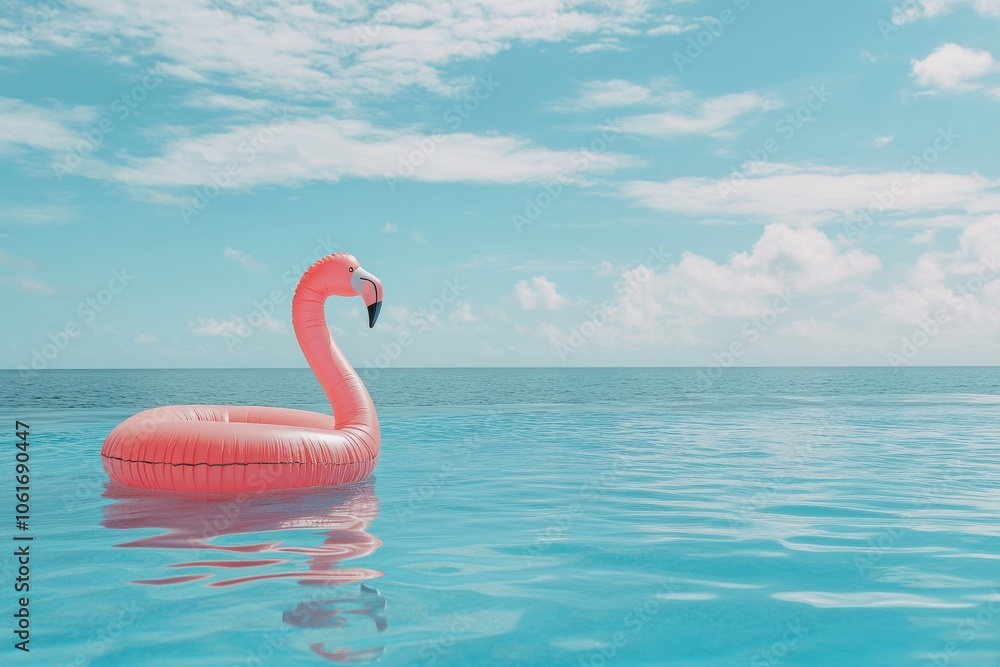 Fototapeta premium Pink flamingo float gently rides the calm turquoise waters under a bright sky with fluffy clouds.