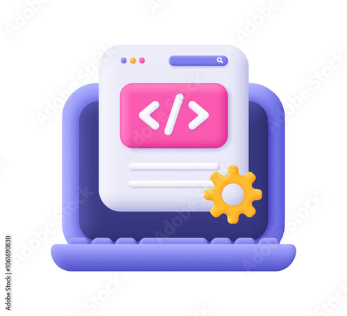 Laptop and web page with code symbol and gear cogwheel. Web development and SEO, software engineering, setting and tools, programming and coding concept. 3d vector icon. Cartoon minimal style.