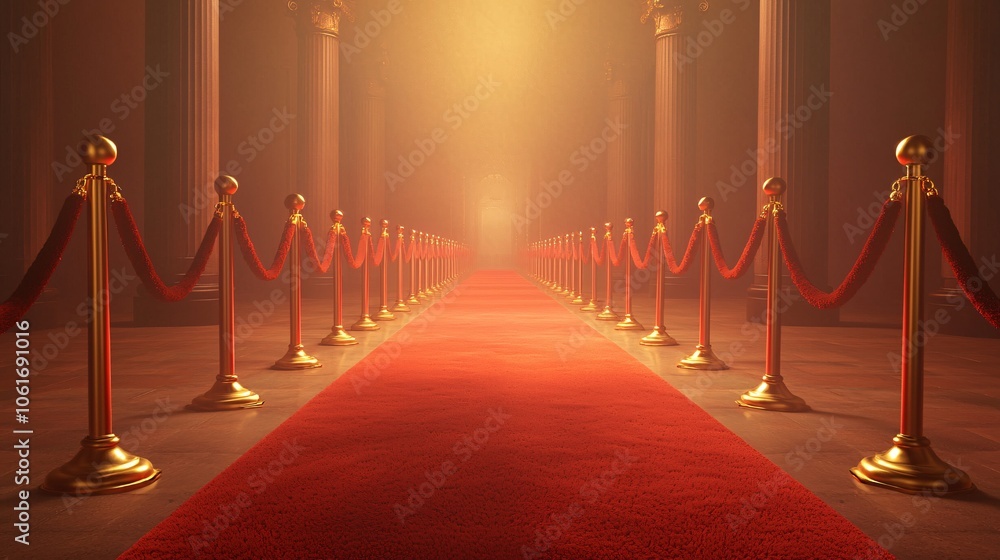 A grand red carpet leading into a misty ambiance, flanked by golden stanchions, evoking a sense of elegance and anticipation. A grand red carpet leading into a misty ambiance, flanked by golden stanchions, evoking a sense of elegance and anticipation.