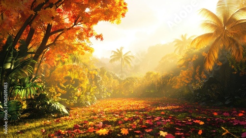 A serene autumn landscape with a field blanketed in colorful fallen leaves, surrounded by lush trees in shades of orange, yellow, and green. Sunlight filters through, casting a warm, golden glow over  photo