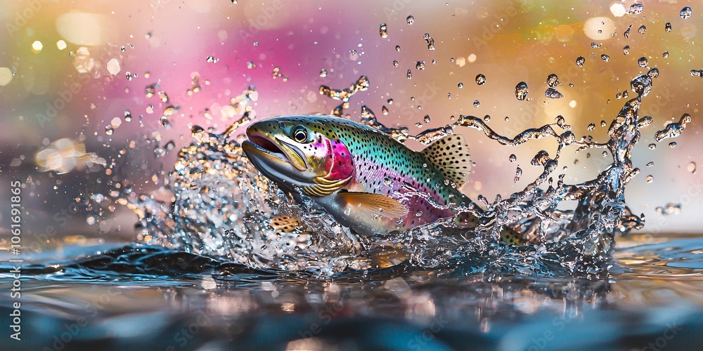 A vibrant rainbow trout leaps out of crystal clear water, creating splashes that glisten against a colorful blurred background. A vibrant rainbow trout leaps out of crystal clear water, creating splashes that glisten against a colorful blurred background.