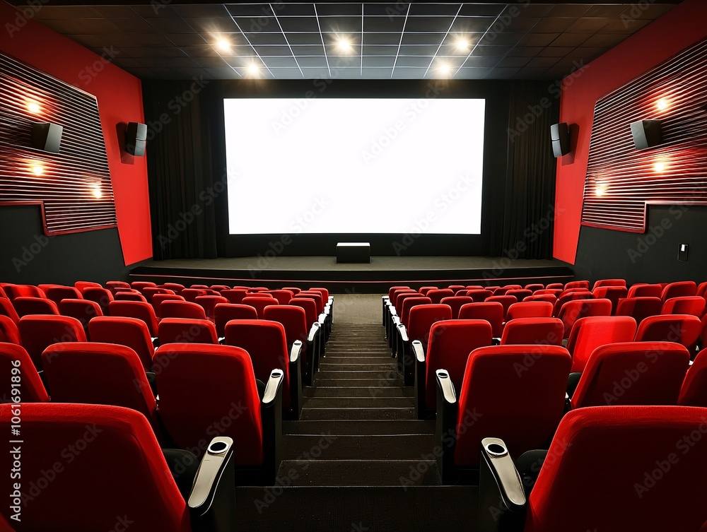 A modern cinema interior featuring empty red seats and a large blank screen, ready for the next film, depicting a vibrant movie experience. A modern cinema interior featuring empty red seats and a large blank screen, ready for the next film, depicting a vibrant movie experience.