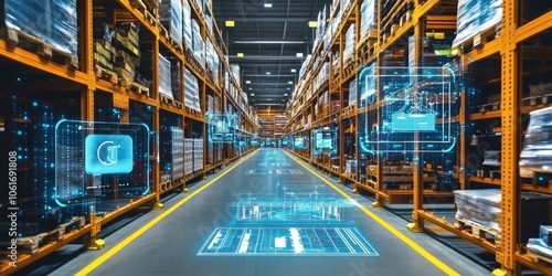 Organized warehouse showcasing digital shelf labels, AI-driven logistics, and automated storage and retrieval systems.