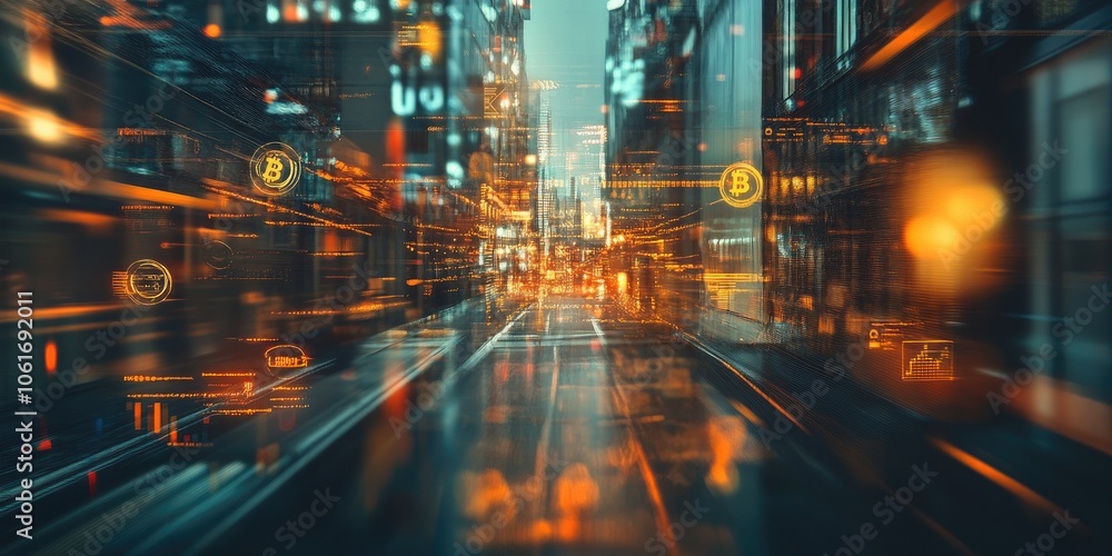 Fototapeta premium Abstract concept of cryptocurrency transactions on a digital wallet, with a blurred trading environment in the background.