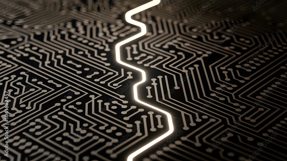 Circuit board with intricate pathways and bright light trail Circuit board with intricate pathways and bright light trail